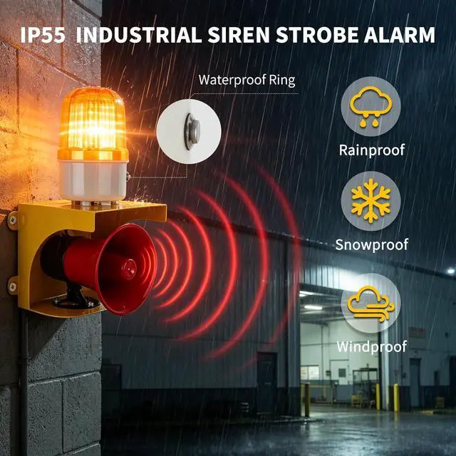 Alt view image 4 of 7 - AC110V Industrial Siren Alarm Strobe Light-120dB Loud Horn&Waterproof Red Beacon Warning Light for Emergency,Factory,Fires,Tornado,Intruder Deterrent (AC110V Amber Light (Switch,0-120dB))