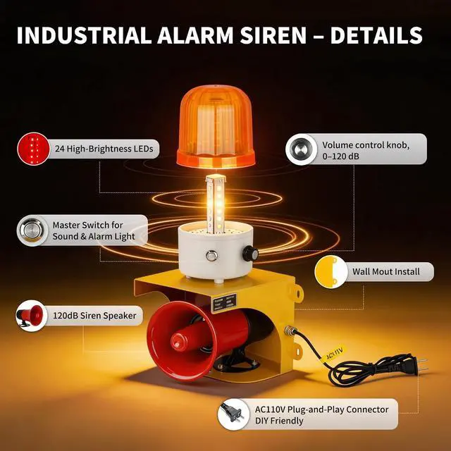 Alt view image 5 of 7 - AC110V Industrial Siren Alarm Strobe Light-120dB Loud Horn&Waterproof Red Beacon Warning Light for Emergency,Factory,Fires,Tornado,Intruder Deterrent (AC110V Amber Light (Switch,0-120dB))