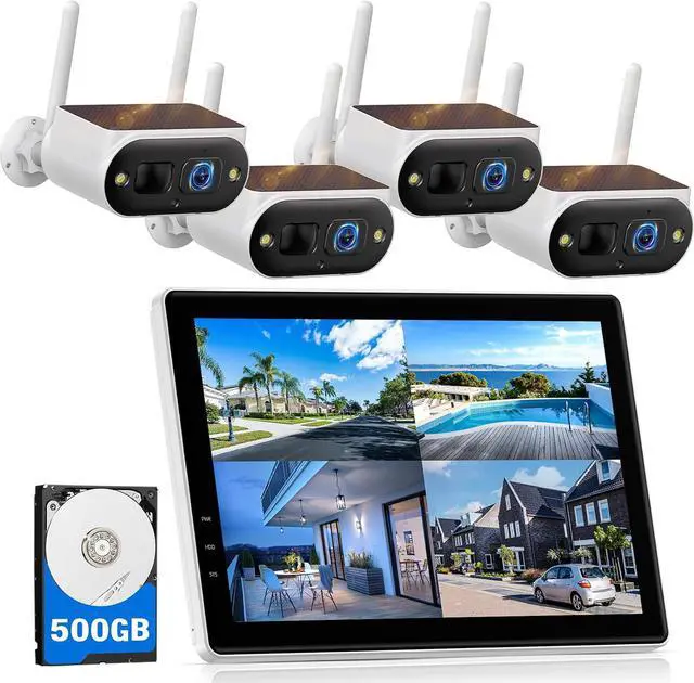 Main image of Camcamp Solar Security Cameras Wireless Outdoor, Quick Installation, No Subscription Cameras for Home Security Camera System, 10CH Expandable, 2.4 & 5GHz, 4 Cameras with Monitor