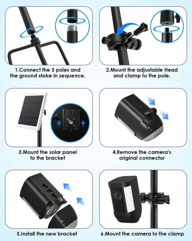 Alt view image 4 of 7 - Ground Stake Mount Stand with Solar Panel Bracket, 2 Pack Universal Camera Holder Compatible with Ring, Blink, Arlo, Eufy, Wyze, Google Nest, Simplisafe, for Outdoor Cameras & Solar Panels