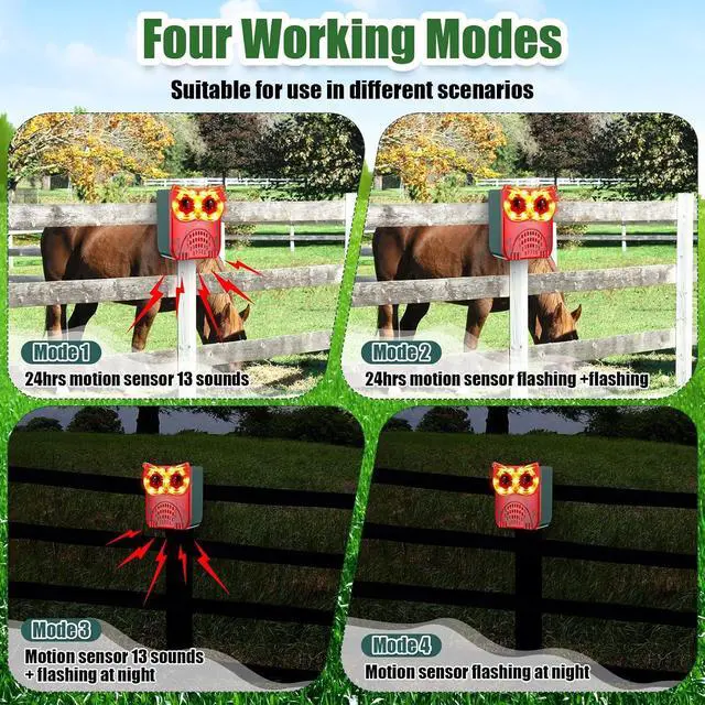 Alt view image 5 of 7 - 4 Set Solar Outdoor Alarm Motion Sensor 13 Sounds Including Dog Barking& Gunshot 129db Security Siren Ultrasonic Detector Strobe Light 4 Modes Animal Deterrent Waterproof Alarm for Home, Farm