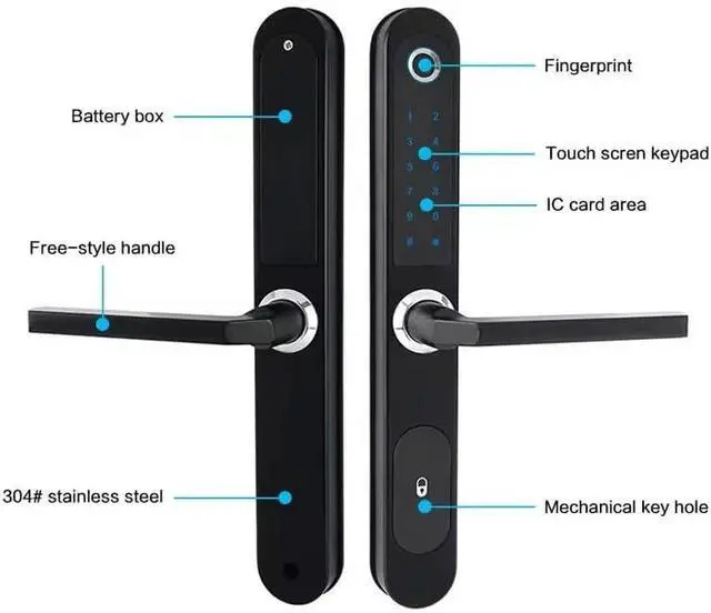 Alt view image 7 of 7 - Smart Door Lock with Handle: Keyless Entry Fingerprint & Touchscreen for Sliding Doors, App Control,Keys, IC cardes, Weatherproof IP55 Aluminum, Wood & allmunim & Patio, Home Security