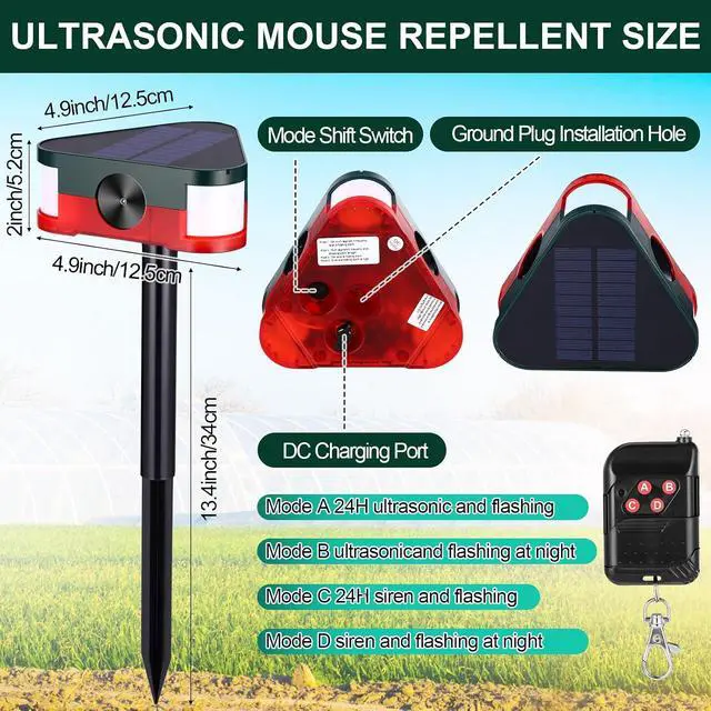 Alt view image 2 of 7 - Qualirey 2 Pack 360° Solar Outdoor Motion Sensor Alarm 4 Modes Ultrasonic Animal Deterrent with 3 Loud 129dB Sirens Flashing Light Remote Control for Yard Garden Farm Repel Deer Coyote Raccoon Dog