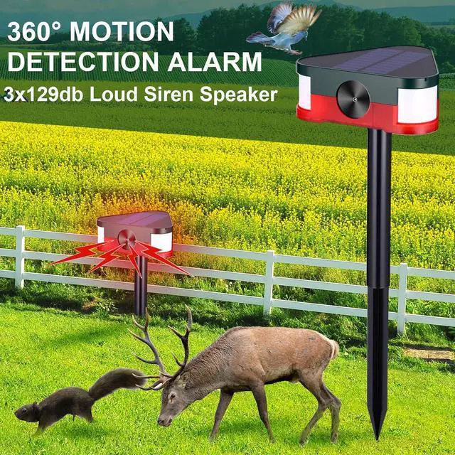 Alt view image 3 of 7 - Qualirey 2 Pack 360° Solar Outdoor Motion Sensor Alarm 4 Modes Ultrasonic Animal Deterrent with 3 Loud 129dB Sirens Flashing Light Remote Control for Yard Garden Farm Repel Deer Coyote Raccoon Dog