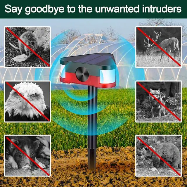 Alt view image 5 of 7 - Qualirey 2 Pack 360° Solar Outdoor Motion Sensor Alarm 4 Modes Ultrasonic Animal Deterrent with 3 Loud 129dB Sirens Flashing Light Remote Control for Yard Garden Farm Repel Deer Coyote Raccoon Dog