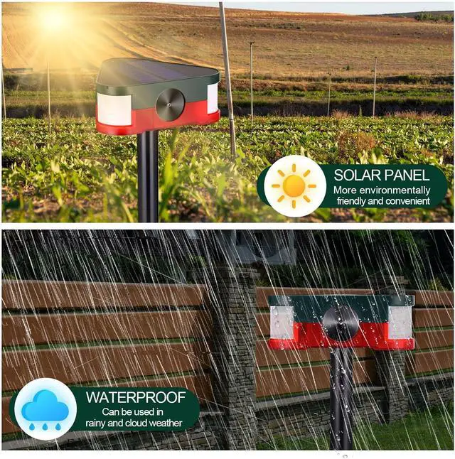 Alt view image 6 of 7 - Qualirey 2 Pack 360° Solar Outdoor Motion Sensor Alarm 4 Modes Ultrasonic Animal Deterrent with 3 Loud 129dB Sirens Flashing Light Remote Control for Yard Garden Farm Repel Deer Coyote Raccoon Dog