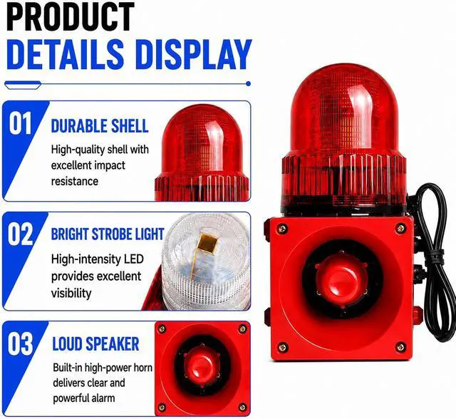 Alt view image 3 of 7 - Industrial Siren Alarm with Strobe Light 120dB Adjustable Volume