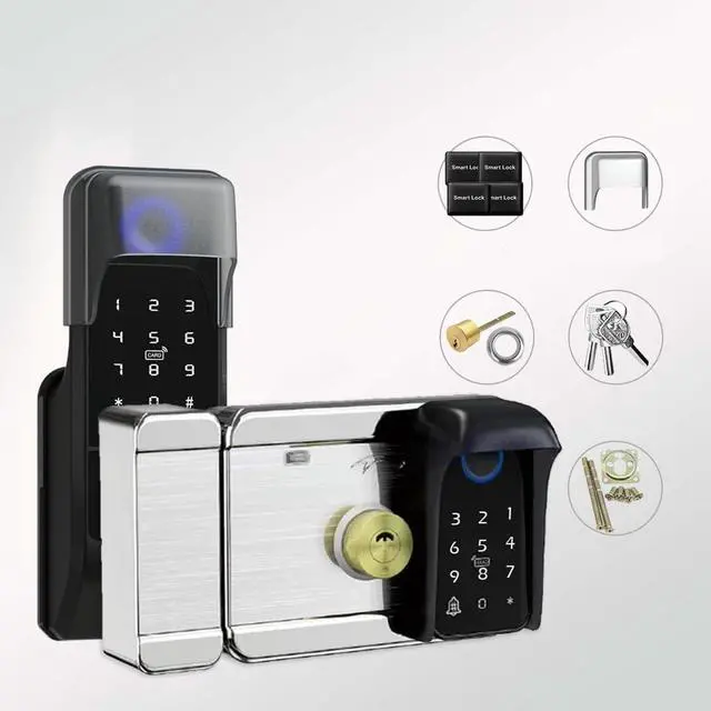 Alt view image 2 of 7 - Smart Latch Double Side Gate Lock, Keyless Fingerprint Rim Lock with Keypad, Password & IC Card - Waterproof Electronic Digital Door Deadbolt for Outdoor Fence (Black Waterproof)