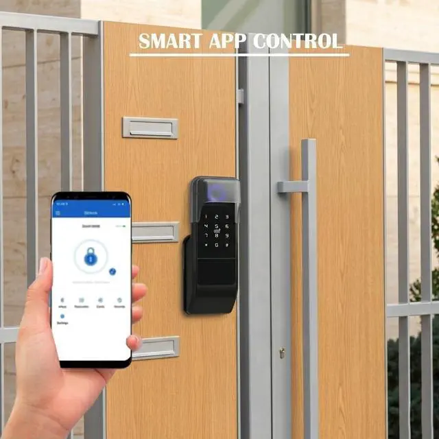 Alt view image 3 of 7 - Smart Latch Double Side Gate Lock, Keyless Fingerprint Rim Lock with Keypad, Password & IC Card - Waterproof Electronic Digital Door Deadbolt for Outdoor Fence (Black Waterproof)