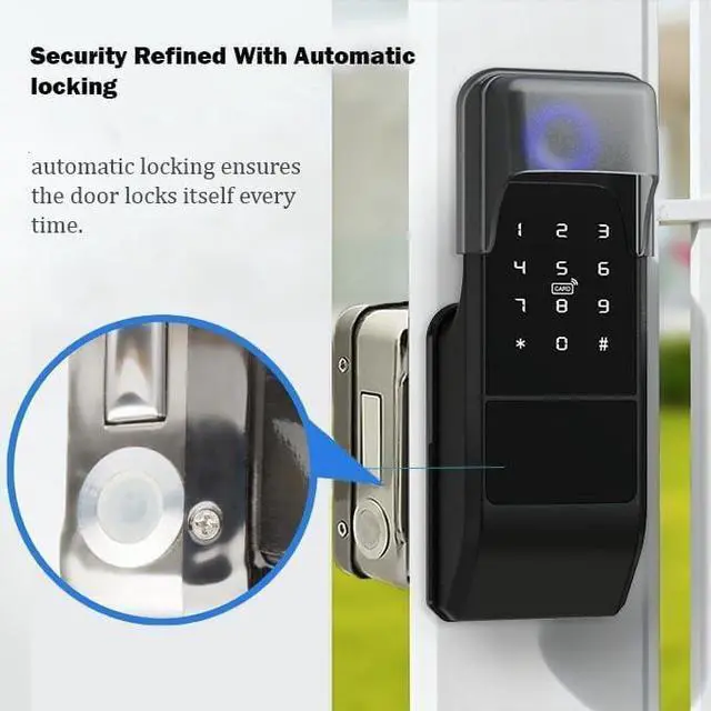 Alt view image 4 of 7 - Smart Latch Double Side Gate Lock, Keyless Fingerprint Rim Lock with Keypad, Password & IC Card - Waterproof Electronic Digital Door Deadbolt for Outdoor Fence (Black Waterproof)