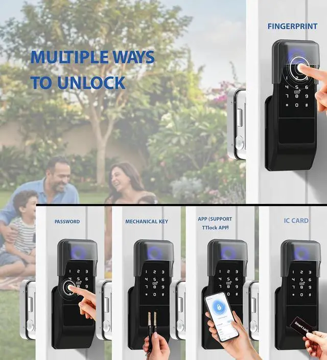 Alt view image 5 of 7 - Smart Latch Double Side Gate Lock, Keyless Fingerprint Rim Lock with Keypad, Password & IC Card - Waterproof Electronic Digital Door Deadbolt for Outdoor Fence (Black Waterproof)