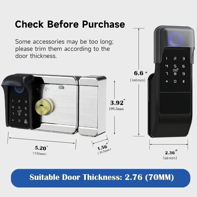 Alt view image 7 of 7 - Smart Latch Double Side Gate Lock, Keyless Fingerprint Rim Lock with Keypad, Password & IC Card - Waterproof Electronic Digital Door Deadbolt for Outdoor Fence (Black Waterproof)