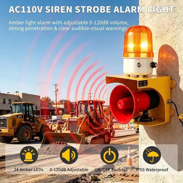 Alt view image 2 of 7 - AC110V Industrial Siren Alarm Strobe Light-120dB Loud Horn&Waterproof Red Beacon Warning Light for Emergency,Factory,Fires,Tornado,Intruder Deterrent (AC110V Amber Light (Switch,0-120dB))