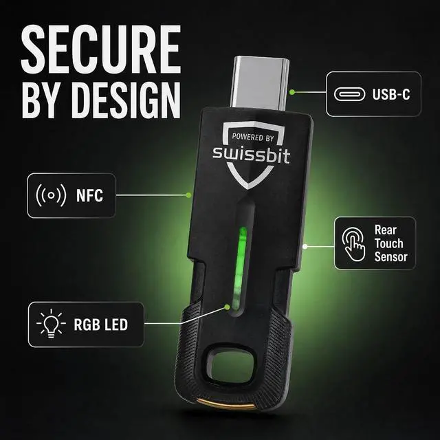 Alt view image 2 of 7 - Swissbit iShield Key 2 Pro USB-C Multi-Application Security Key with NFC FIDO Certified, Passkey (FIDO2), PIV Smart Card & OTP Authentication, Phishing-Resistant Security for Enterprise