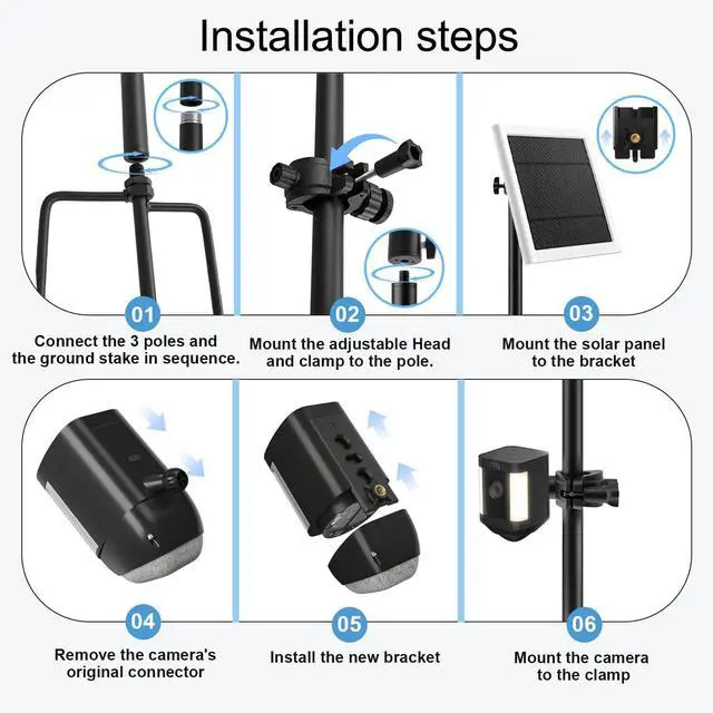 Alt view image 4 of 7 - 2 Pack 2-in-1 Ground Stake Mount Stand, Security Camera Pole with Solar Panel Mount, 360° Adjustable Bracket for Ring, Blink, Eufy, Arlo, Wyze, Google Nest