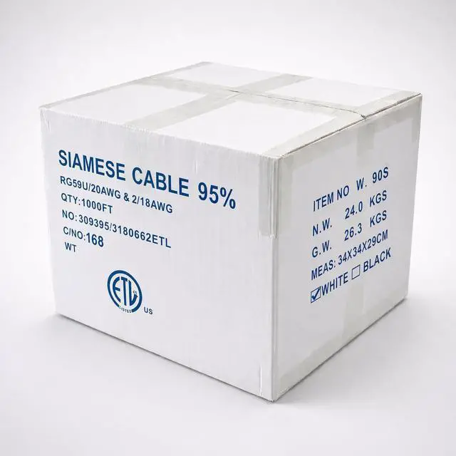 Main image of RG59 Siamese Coaxial Cable 1000ft Solid Bare Copper 20AWG RG59U Video + 18AWG Power Combo Bulk Cables for CCTV Surviellance Security System (White 1000FT)