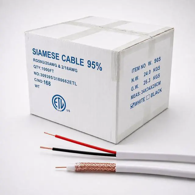Alt view image 4 of 5 - RG59 Siamese Coaxial Cable 1000ft Solid Bare Copper 20AWG RG59U Video + 18AWG Power Combo Bulk Cables for CCTV Surviellance Security System (White 1000FT)