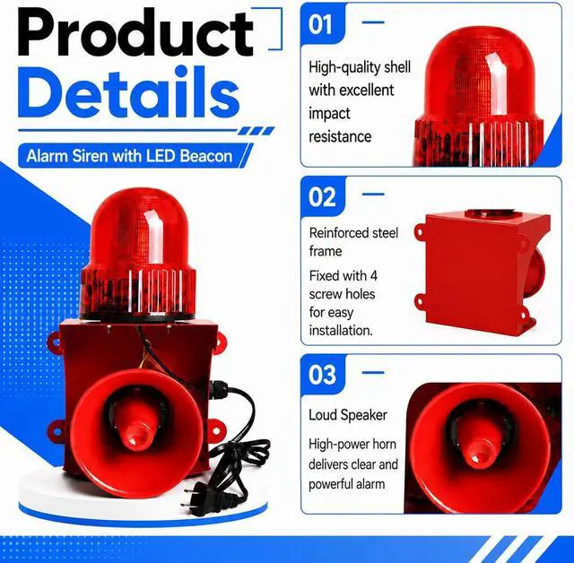 Alt view image 3 of 7 - Industrial Siren Alarm Strobe Light, AC110V 130dB Outdoor Alarm Siren with Red LED Beacon, Waterproof Loud Horn Warning Light for Factory Warehouse Office Emergency