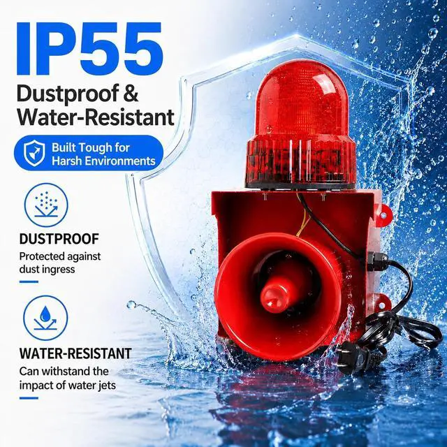 Alt view image 4 of 7 - Industrial Siren Alarm Strobe Light, AC110V 130dB Outdoor Alarm Siren with Red LED Beacon, Waterproof Loud Horn Warning Light for Factory Warehouse Office Emergency