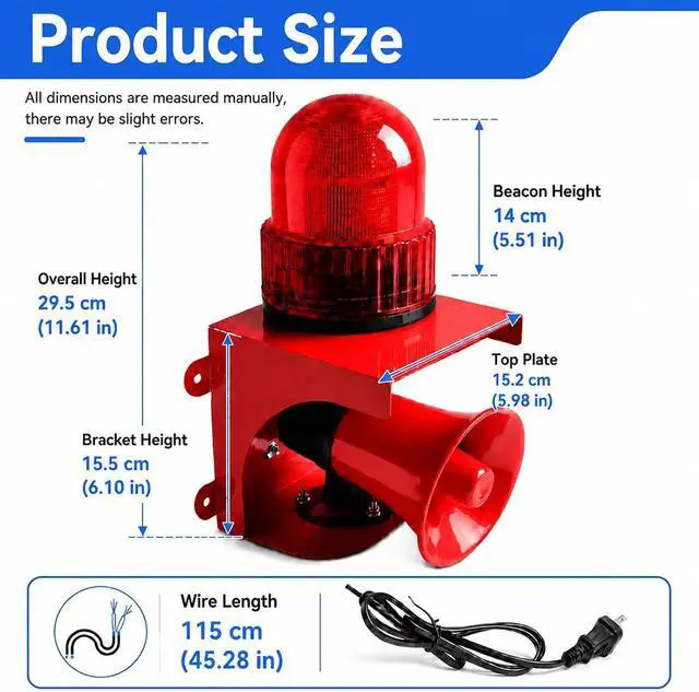 Alt view image 2 of 7 - Industrial Siren Alarm Strobe Light, AC110V 130dB Outdoor Alarm Siren with Red LED Beacon, Waterproof Loud Horn Warning Light for Factory Warehouse Office Emergency