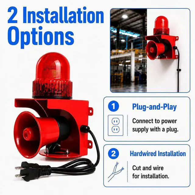 Alt view image 7 of 7 - Industrial Siren Alarm Strobe Light, AC110V 130dB Outdoor Alarm Siren with Red LED Beacon, Waterproof Loud Horn Warning Light for Factory Warehouse Office Emergency