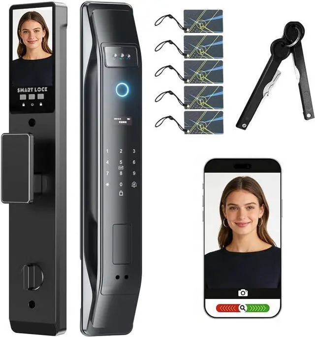 Main image of 3D Face Recognition Smart Lock with Camera, Palm Vein Door Lock, Keyless Entry Fingerprint Smart Mortise Lock for Front Door, 4" HD Screen,Auto-Lock,Compatible with Tuya App, Front Door Security