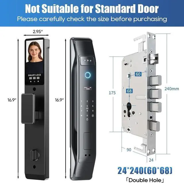 Alt view image 2 of 7 - 3D Face Recognition Smart Lock with Camera, Palm Vein Door Lock, Keyless Entry Fingerprint Smart Mortise Lock for Front Door, 4" HD Screen,Auto-Lock,Compatible with Tuya App, Front Door Security