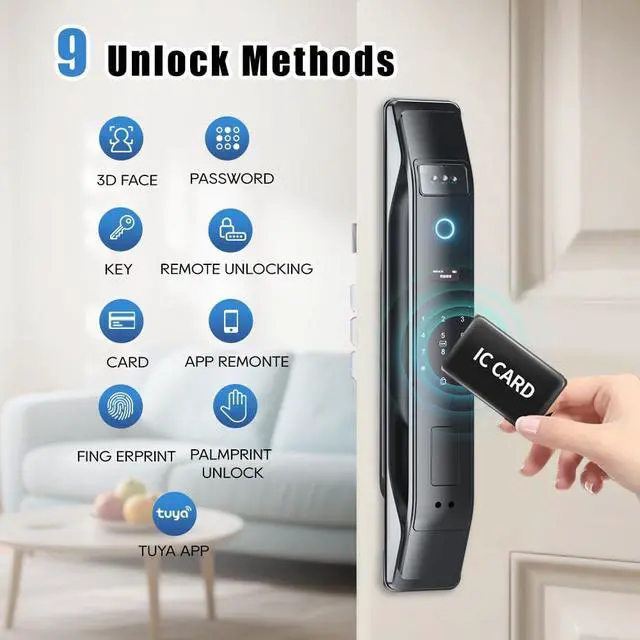 Alt view image 3 of 7 - 3D Face Recognition Smart Lock with Camera, Palm Vein Door Lock, Keyless Entry Fingerprint Smart Mortise Lock for Front Door, 4" HD Screen,Auto-Lock,Compatible with Tuya App, Front Door Security