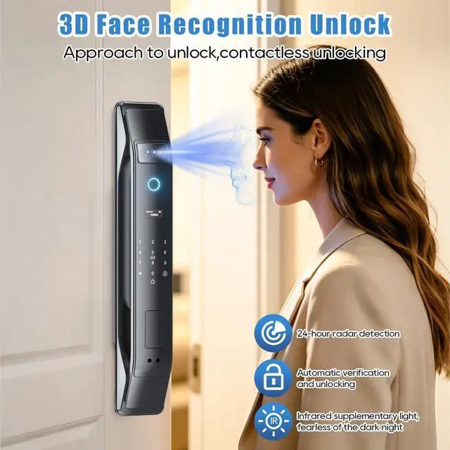 Alt view image 4 of 7 - 3D Face Recognition Smart Lock with Camera, Palm Vein Door Lock, Keyless Entry Fingerprint Smart Mortise Lock for Front Door, 4" HD Screen,Auto-Lock,Compatible with Tuya App, Front Door Security