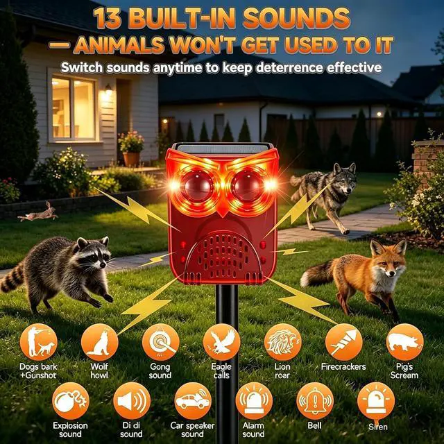 Alt view image 4 of 7 - Solar Outdoor Motion Sensor Alarm-13Sounds,129db Noise Maker Gunshot Dog Barking Sound,Led Flashig Warning Security Alert System Strobe Light for Garden Farm Yard Orchard Barn (2PCS Red)