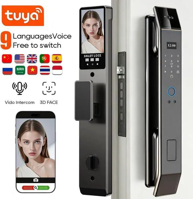 Alt view image 3 of 7 - Smart Door Lock with 3D Face Recognition & Camera, Intercome, Doorbell, Fingerprint Keyless Entry, Password, IC Card, Key, Compatible with Tuya App Control, Smart Home Front Door Security