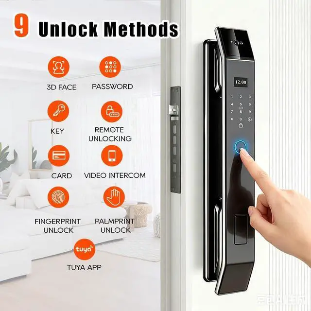 Alt view image 4 of 7 - Smart Door Lock with 3D Face Recognition & Camera, Intercome, Doorbell, Fingerprint Keyless Entry, Password, IC Card, Key, Compatible with Tuya App Control, Smart Home Front Door Security