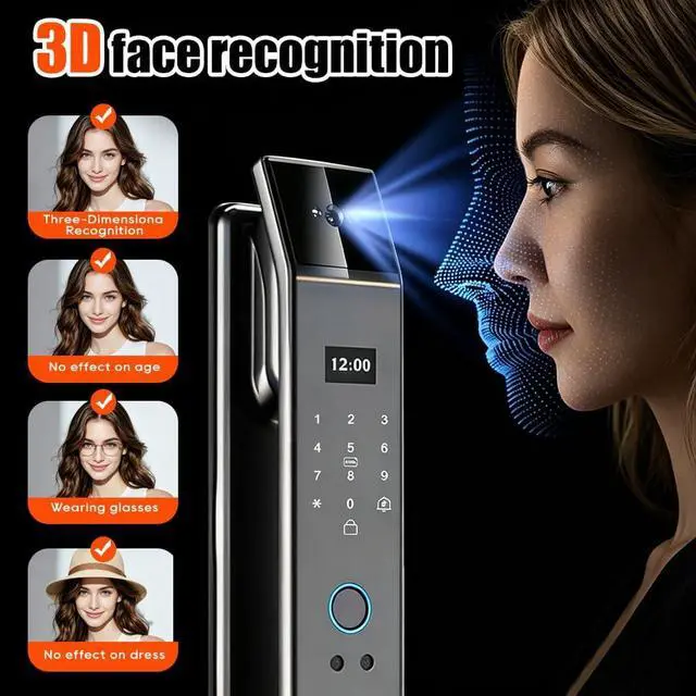 Alt view image 6 of 7 - Smart Door Lock with 3D Face Recognition & Camera, Intercome, Doorbell, Fingerprint Keyless Entry, Password, IC Card, Key, Compatible with Tuya App Control, Smart Home Front Door Security