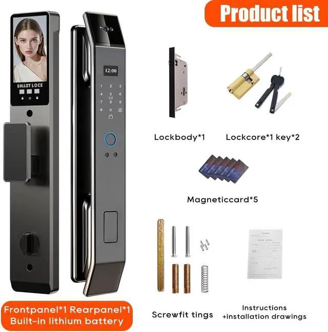 Alt view image 7 of 7 - Smart Door Lock with 3D Face Recognition & Camera, Intercome, Doorbell, Fingerprint Keyless Entry, Password, IC Card, Key, Compatible with Tuya App Control, Smart Home Front Door Security