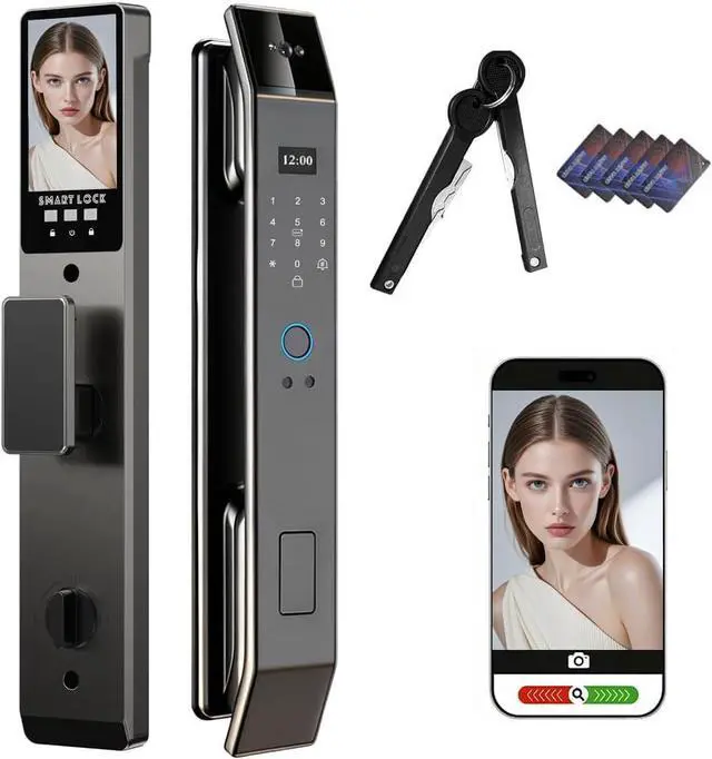 Main image of Smart Door Lock with 3D Face Recognition & Camera, Intercome, Doorbell, Fingerprint Keyless Entry, Password, IC Card, Key, Compatible with Tuya App Control, Smart Home Front Door Security