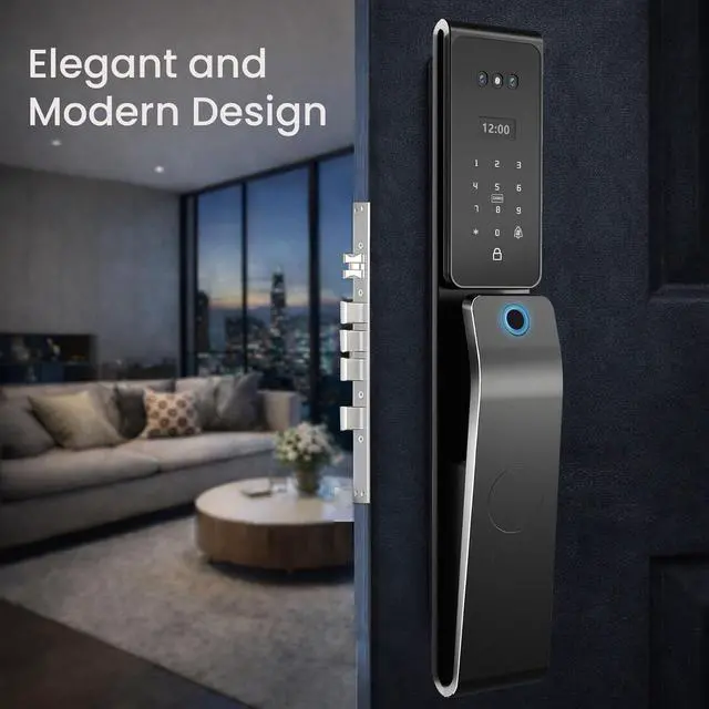 Alt view image 6 of 7 - Smart Door Lock with 3D Face Recognition: Palm Vein Scanner, Keyless Entry Fingerprint Door Lock with 4.5" HD Screen, Tuya App, Alexa Compatible, IP65 Waterproof, 1080p Camera, Aluminum Alloy