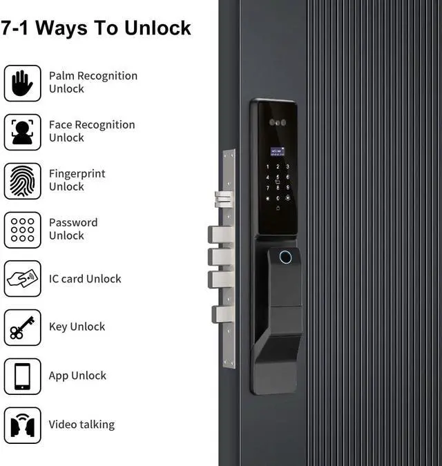 Alt view image 2 of 6 - 3D Facial Recognition Smart Door Lock with Palm Vein Recognition, 8-in-1 Keyless Entry System, High-Definition Video Screen, Fingerprint, Ic Card, App-Based Remote Unlocking, Wi-Fi, Auto-Lock