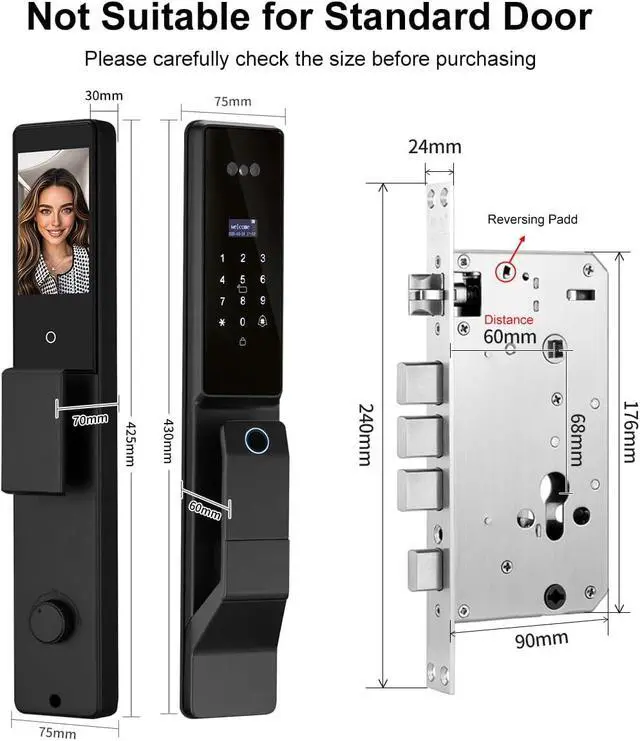 Alt view image 6 of 6 - 3D Facial Recognition Smart Door Lock with Palm Vein Recognition, 8-in-1 Keyless Entry System, High-Definition Video Screen, Fingerprint, Ic Card, App-Based Remote Unlocking, Wi-Fi, Auto-Lock