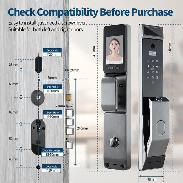 Alt view image 6 of 6 - Sophies Smart Door Lock with Camera, Wi-Fi Smart Locks Fully Automatic 3D Face Recognition Smart Biometrics Fingerprint Door Lock Tuya Remote Control NFC Password with Doorbell