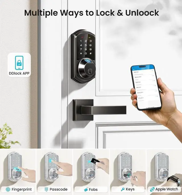 Main image of Veise VE07L-G2 Fingerprint Smart Locks for Front Door with 2 Handle, APP Remote Control with Gateway, Matte Black