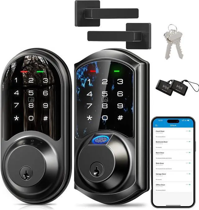 Main image of Veise VE07L-RZ06 Fingerprint Smart Locks for Front Door with Handle Set, Matte Black