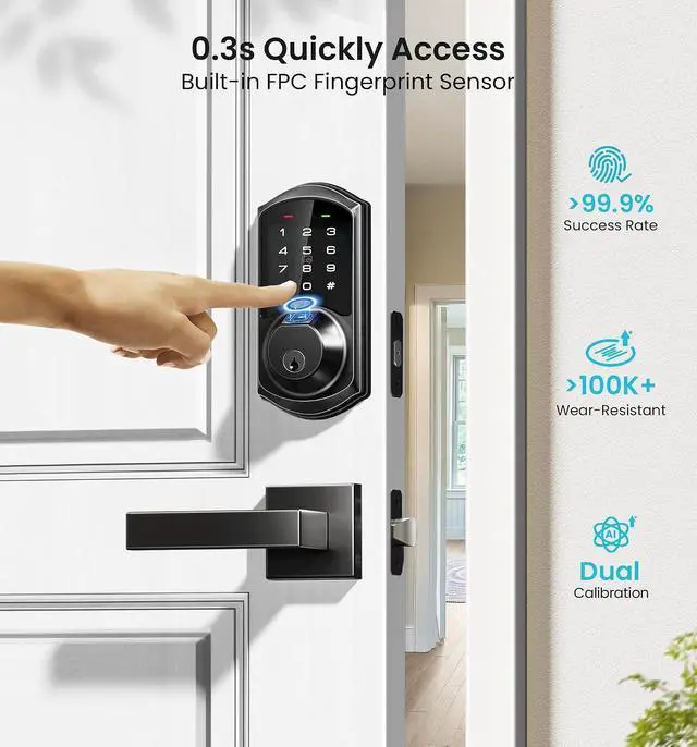 Alt view image 3 of 6 - Veise VE07L-RZ06 Fingerprint Smart Locks for Front Door with Handle Set, Matte Black