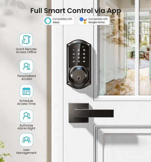 Alt view image 4 of 6 - Veise VE07L-RZ06 Fingerprint Smart Locks for Front Door with Handle Set, Matte Black