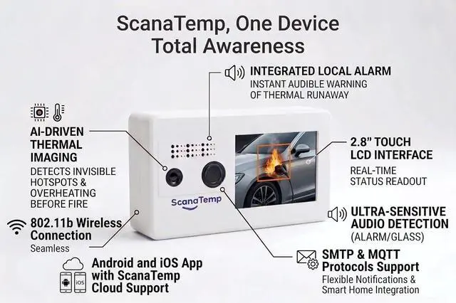 Alt view image 2 of 7 - AI Thermal Flame & Heat Detector for EV Charging, E-Bike Battery, and Garage Safety