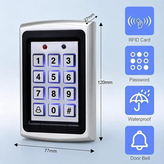Alt view image 2 of 7 - Outdoor Standalone Metal Access Control Keypad, 1000 User, Dual Relay Output, Anti-Tamper Alarm, Card/PIN Access with Weatherproof Cover, 10 Key Fobs,for Gate, Office, Hotel, Apartment