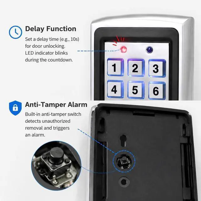 Alt view image 4 of 7 - Outdoor Standalone Metal Access Control Keypad, 1000 User, Dual Relay Output, Anti-Tamper Alarm, Card/PIN Access with Weatherproof Cover, 10 Key Fobs,for Gate, Office, Hotel, Apartment