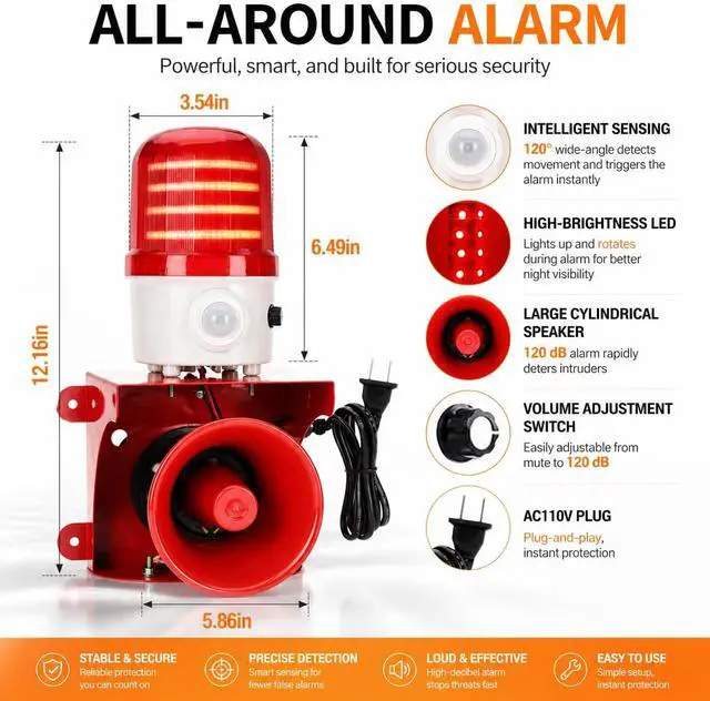 Alt view image 3 of 7 - Motion Sensor Alarm with Human Detection, 120dB Adjustable Siren, Outdoor LED Strobe Light Security Alarm for Home Theft, AC110V with Plug, IP65 Waterproof, for Property Protection, Animal Intrusion