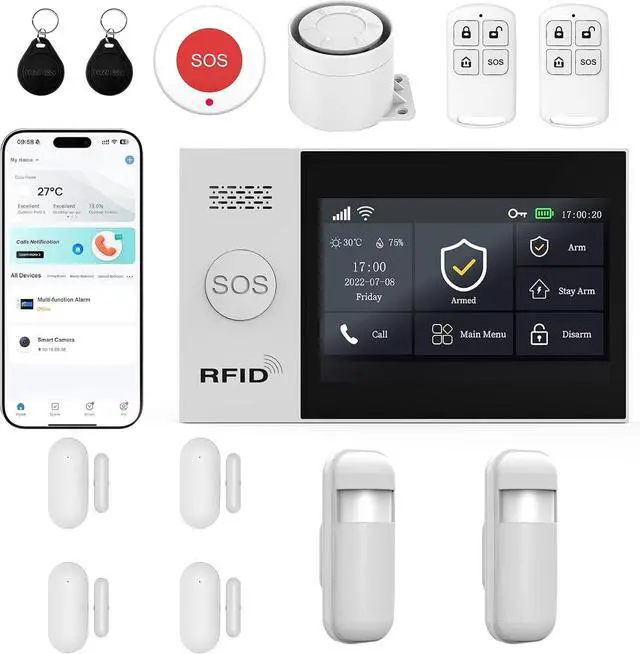 Main image of Home Security Systems Wireless Alarm System for Home Security, Motion Detector, Door Alarm Sensors, Remote, RFID, Compatible with Alexa, No Monthly Fee, Tuya App Instant Alerts for House & Apartment