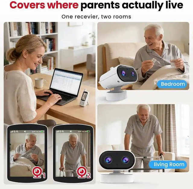Alt view image 2 of 7 - CallToU Motion Sensor Alarm & 2-Way Talk Baby Monitor for Elderly with Camera Complete Care System for Seniors, Dementia Patients, Night Vision, Call Button, Wireless Motion Detector, No WiFi