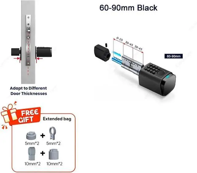 Alt view image 2 of 5 - IP66 Waterproof 2026 New Generation TUYA APP Fingerprint Password Digital RFID Card Cylinder Smart Door Lock 60-90 90-120(60-90 Black)
